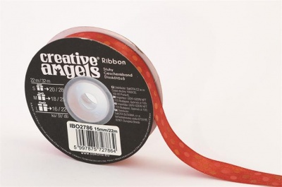 Szatén szalag, 15 mm x 22 m, piros vegyes pöttyökkel