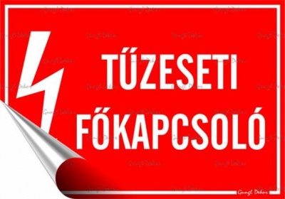Információs matrica, 11,6x16,6 cm, "Tűzeseti főkapcsoló"