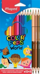 Színes ceruza készlet, háromszögletű, MAPED "Color`Peps World", 12 különböző szín + 3 kétvégű bőrtónus ceruza